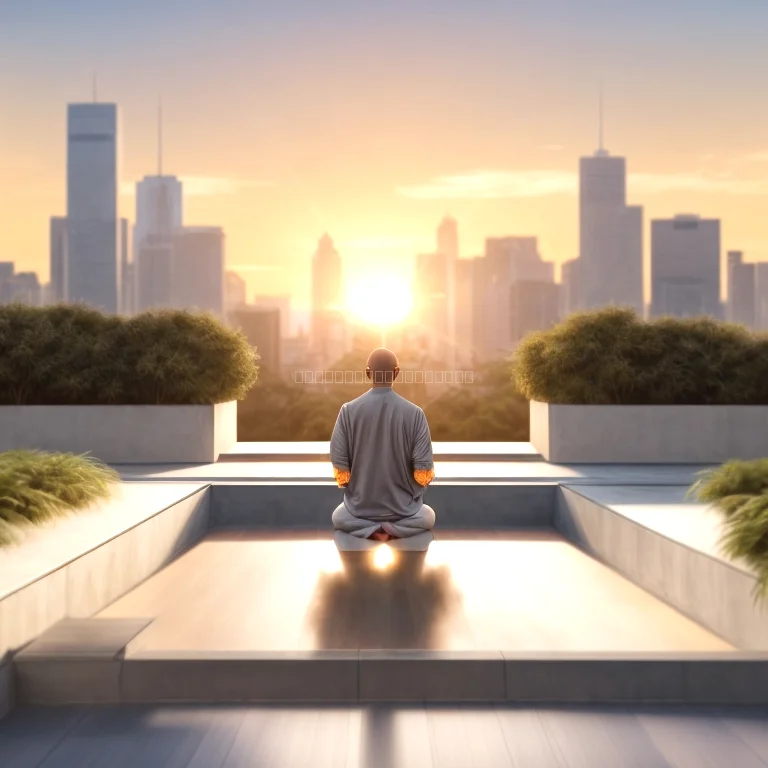 Founder meditating in a modern office overlooking Abu Dhabi skyline